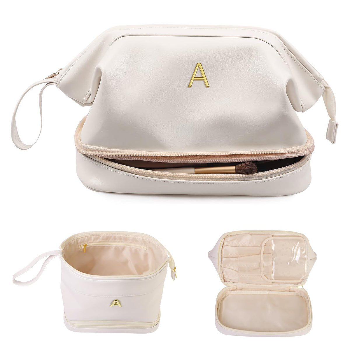 Vogewood initial large makeup bag with separated compartments for easy organization.