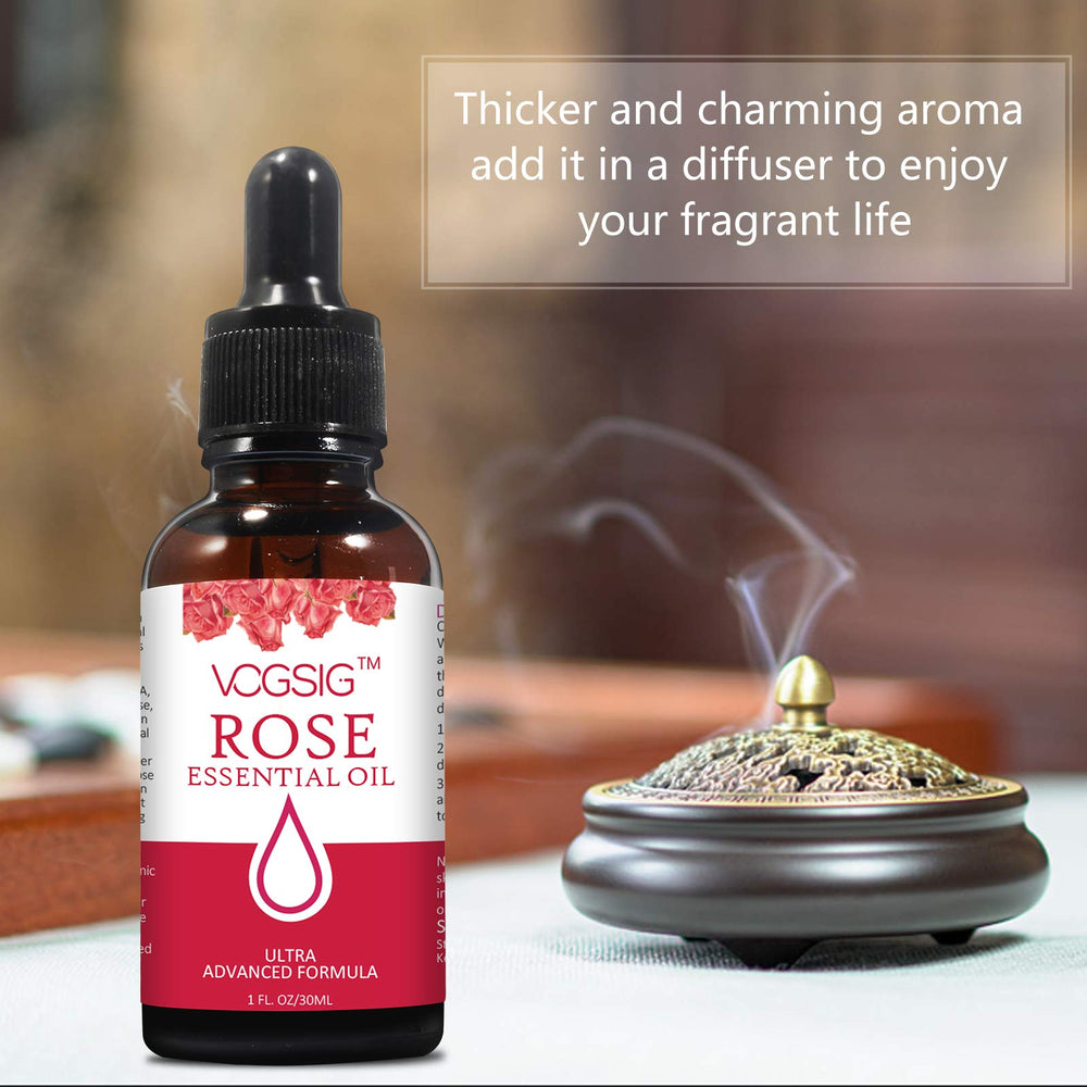 VOGSIG Rose Essential Oil aromatherapy scene evoking calm and luxury
