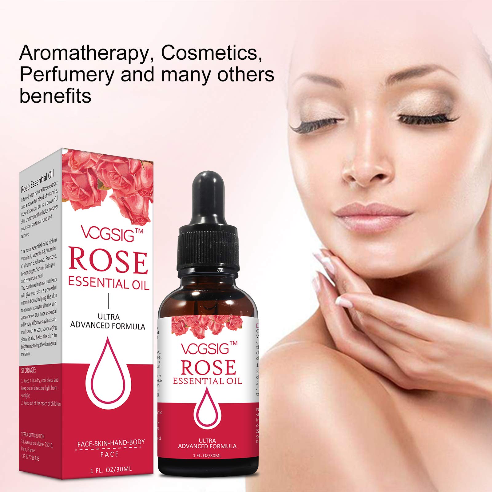 VOGSIG Rose Essential Oil ingredients panel with vitamins and nourishment