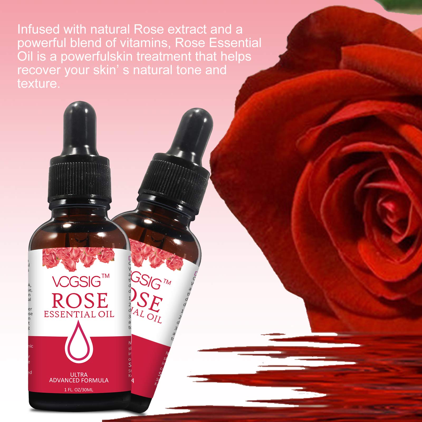 VOGSIG Rose Essential Oil packaging box highlights premium ingredients