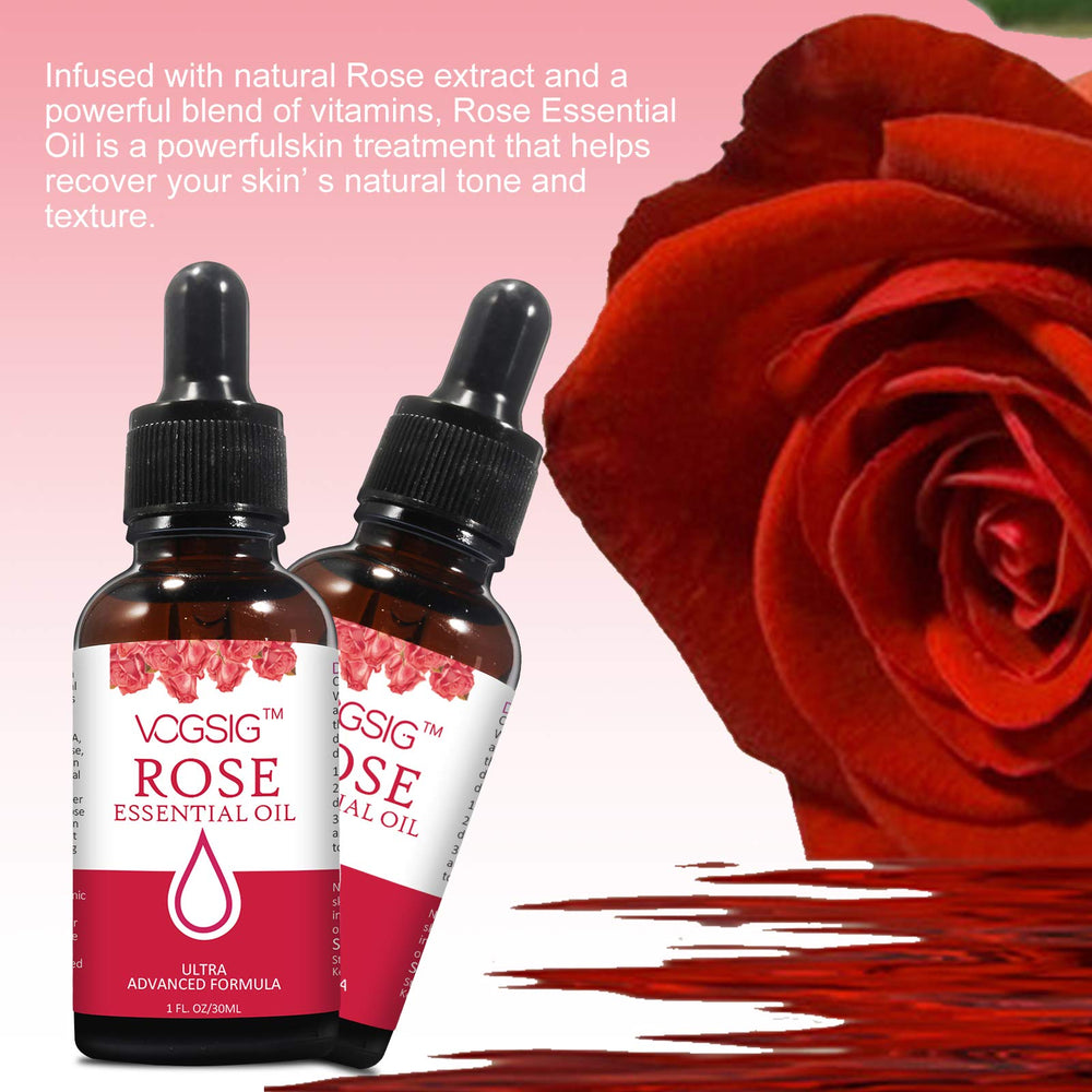 VOGSIG Rose Essential Oil packaging box highlights premium ingredients