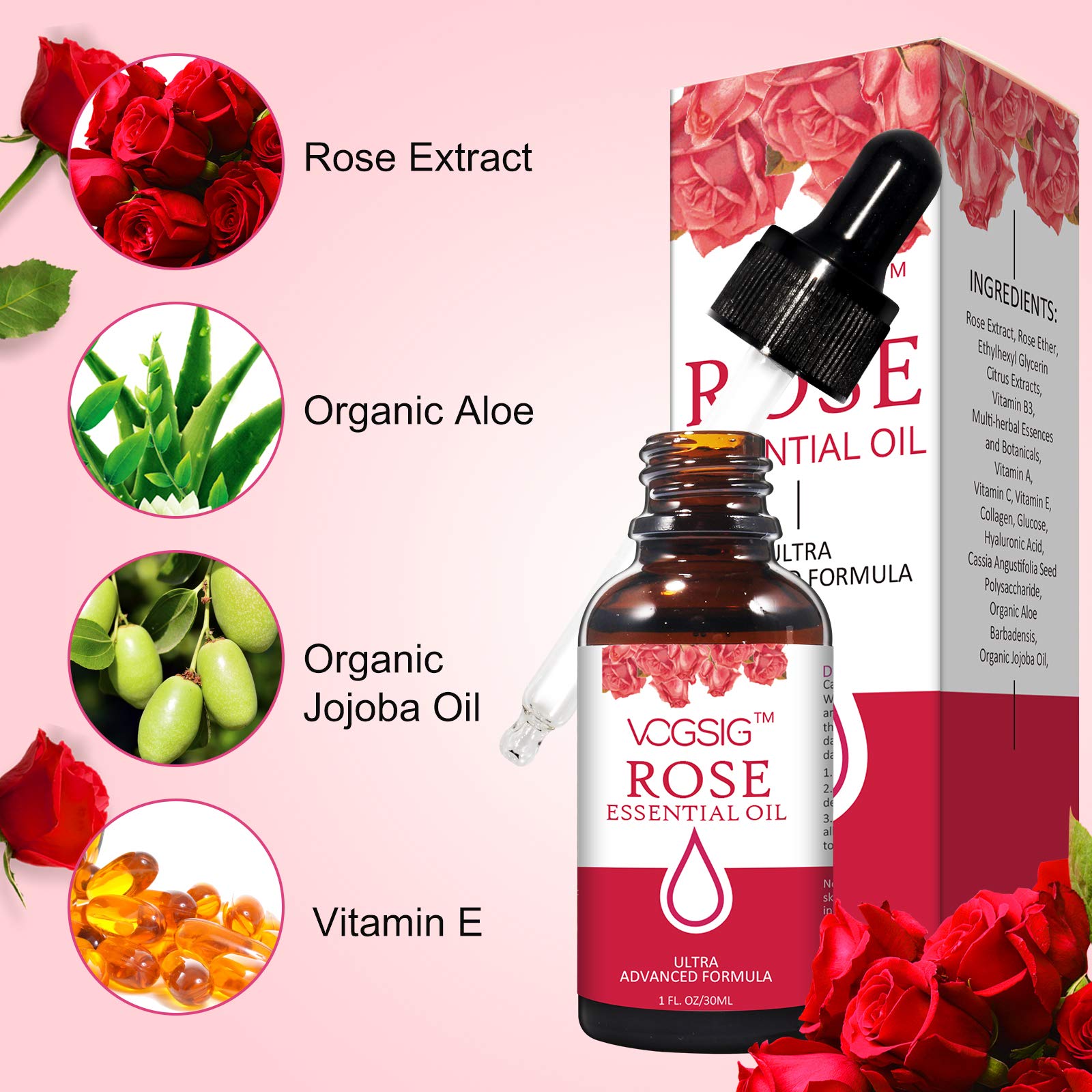 VOGSIG Rose Essential Oil pour closeup for quick absorption and scent