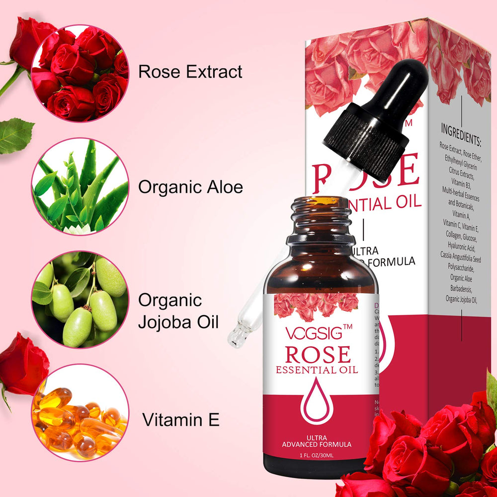 VOGSIG Rose Essential Oil pour closeup for quick absorption and scent