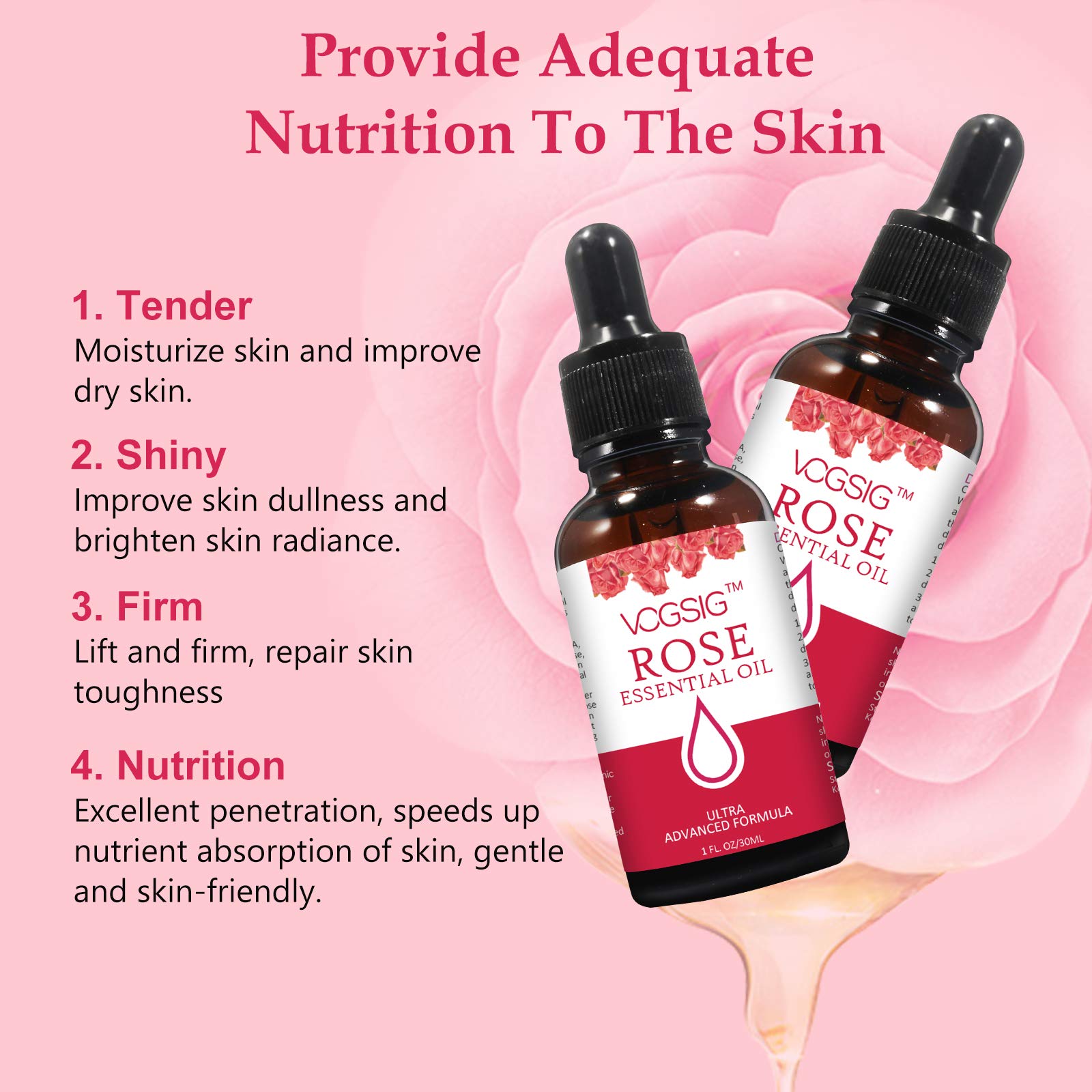VOGSIG Rose Essential Oil skin application demonstrating hydrating, non greasy layering