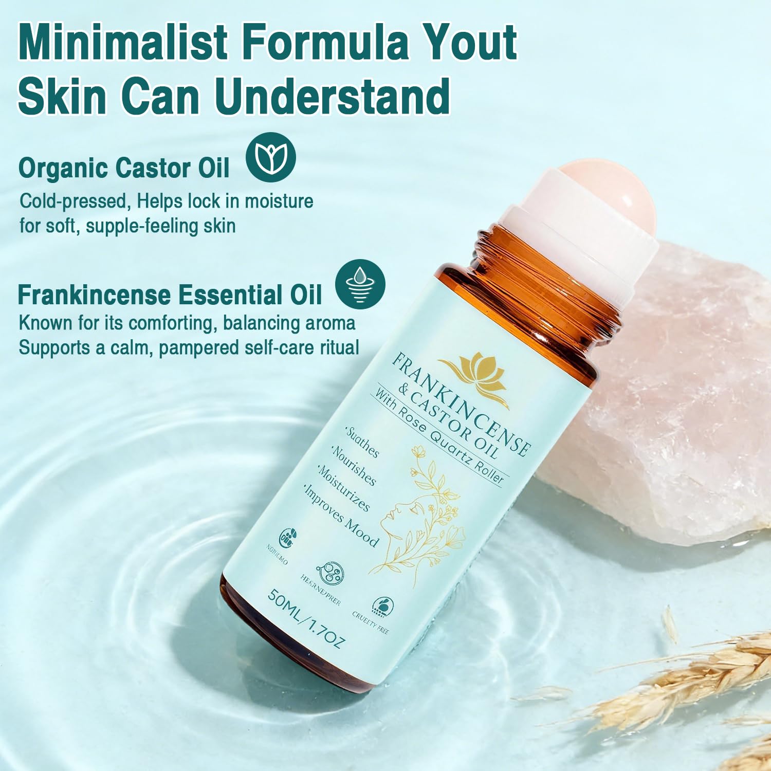VOGUZY rose quartz roller bottle close-up with unscented formula