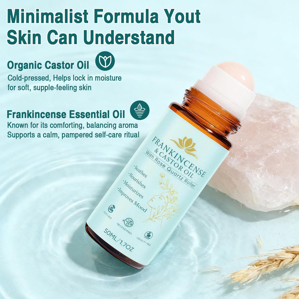 VOGUZY rose quartz roller bottle close-up with unscented formula
