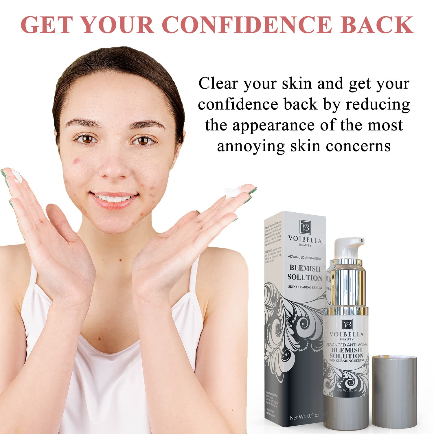 Voibella Beauty blemish spot serum texture swatch shows lightweight, fast-absorbing formula.