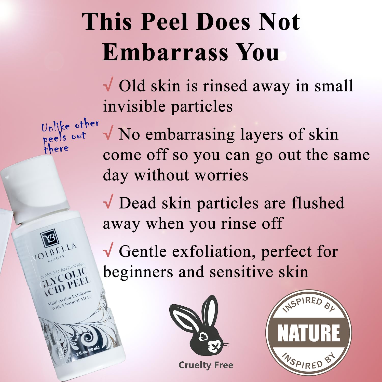 VOIBELLA BEAUTY Glycolic Peel application steps illustrate an easy at-home routine.