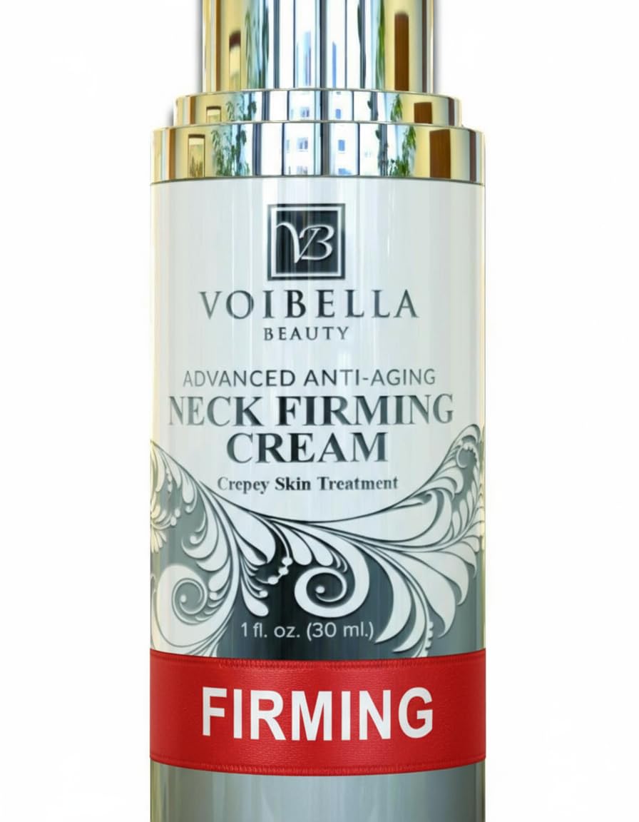 VOIBELLA BEAUTY Neck Firming Cream bottle promotes smoother neck skin.