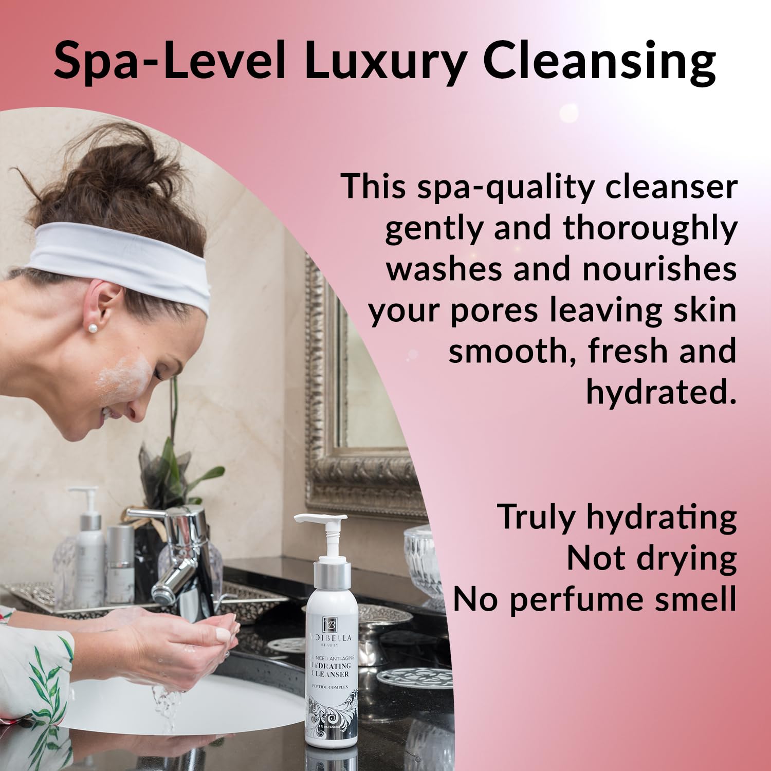 VOIBELLA BEAUTY Organic Face Wash bottle on sink for home spa cleansing.