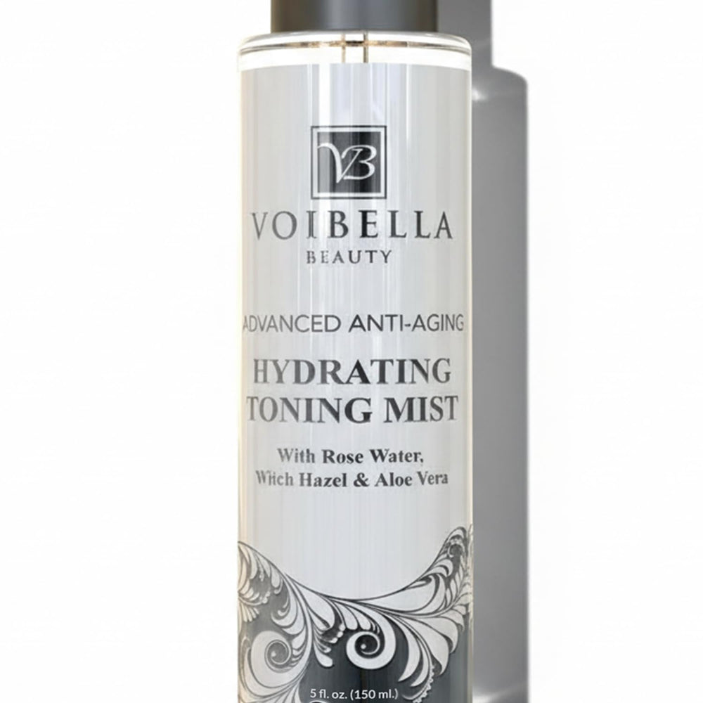 VOIBELLA BEAUTY toner bottle with rose water for refreshing hydration and balance.