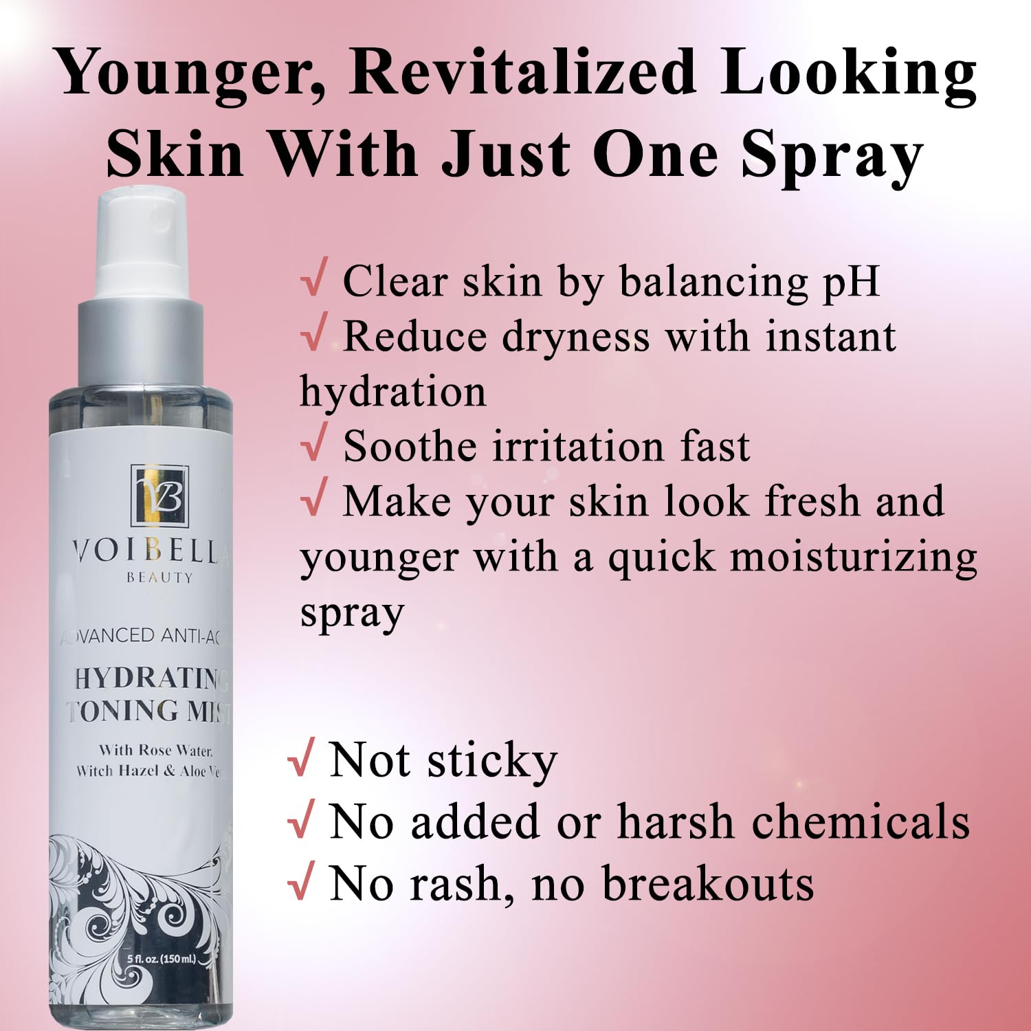 VOIBELLA BEAUTY toner featuring witch hazel and rose water soothing skin.