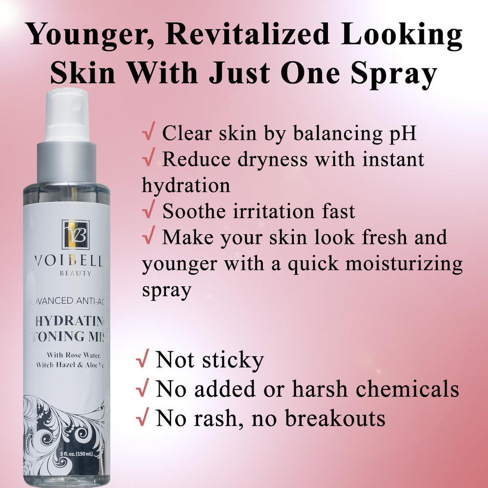VOIBELLA BEAUTY toner featuring witch hazel and rose water soothing skin.