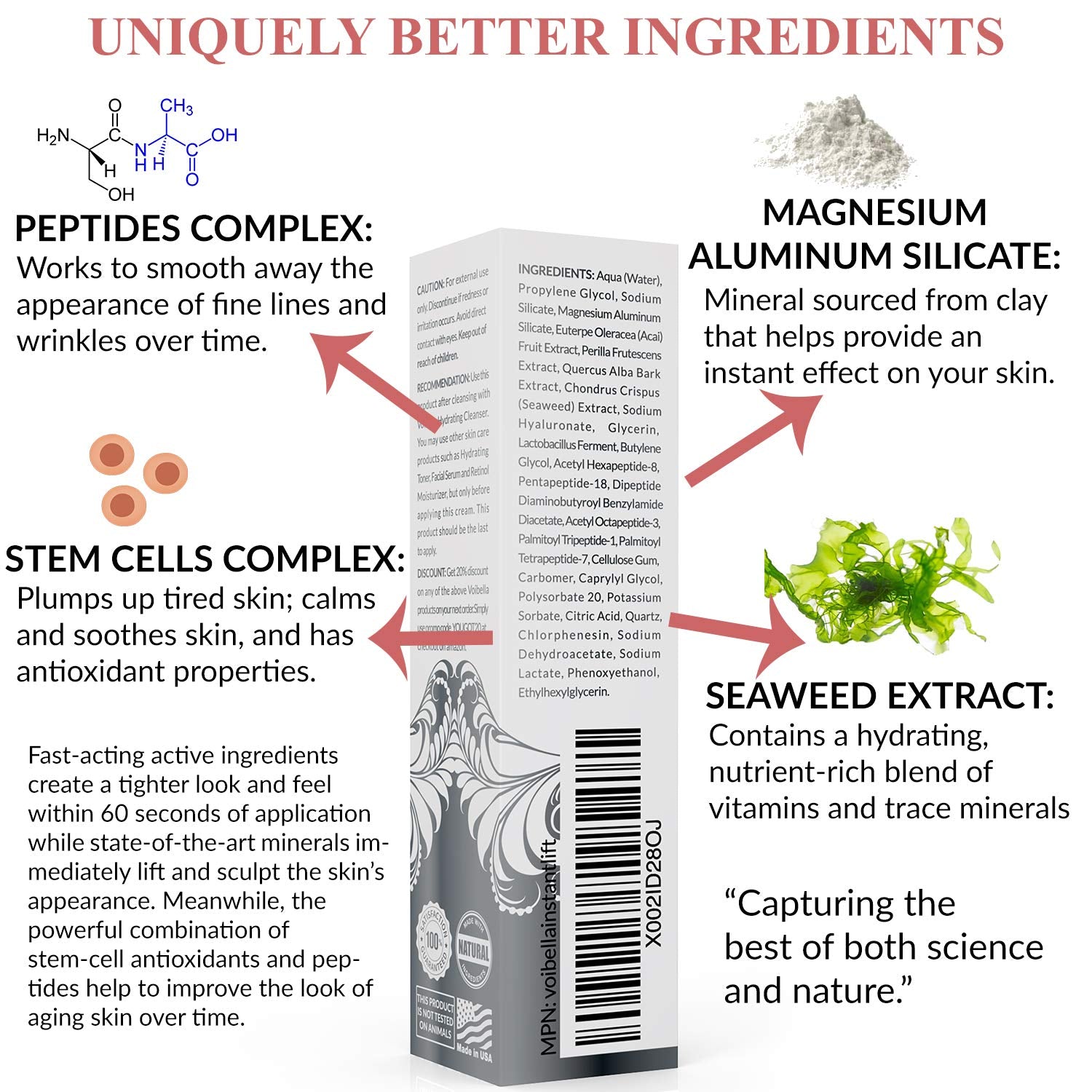 Voibella ingredients: peptides and stem cells for hydration and glow