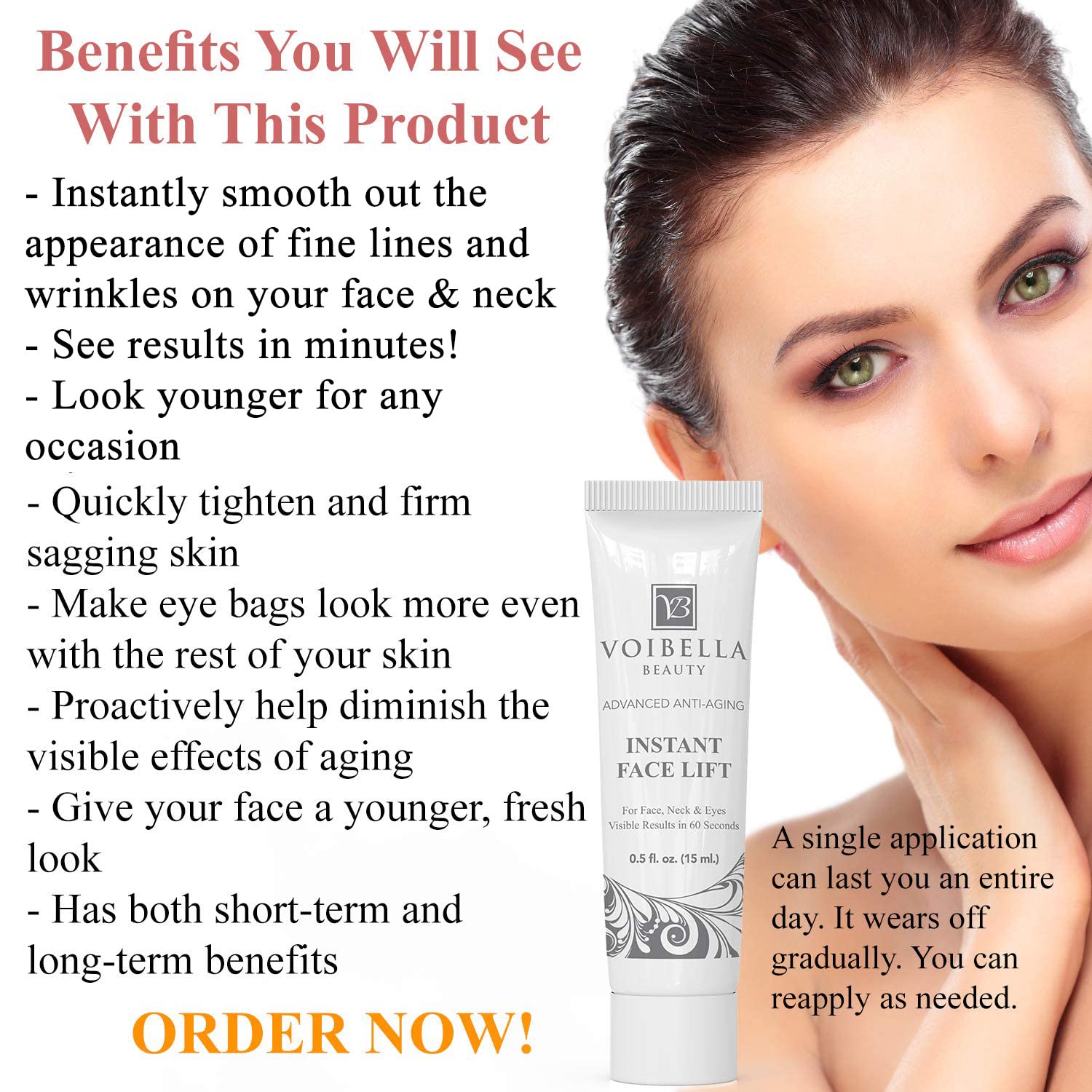 Voibella cream applied to fine lines for a quick lift