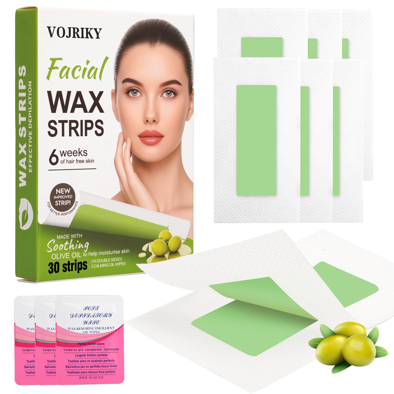 Vojriky facial wax strip for precise removal, leaving smooth facial skin