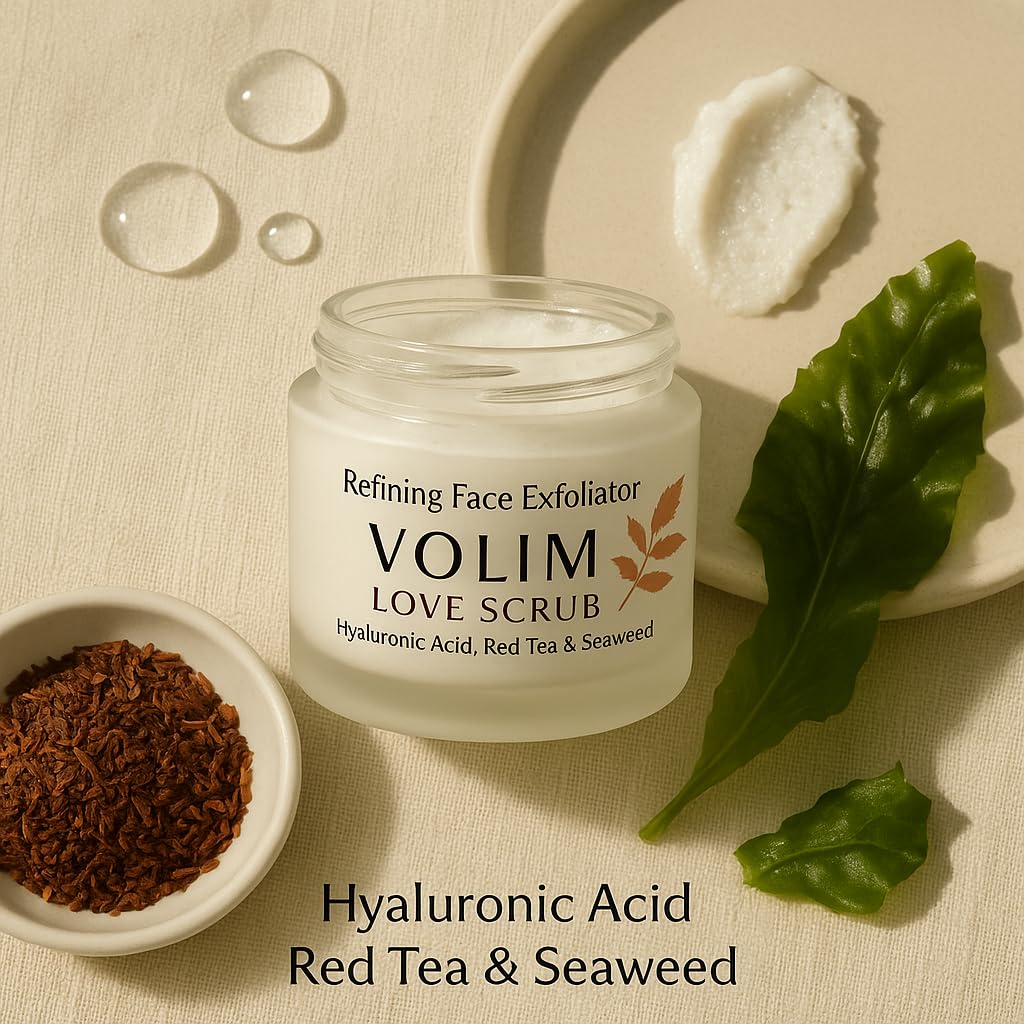 Volim Love Scrub glass jar close-up signals eco-friendly packaging.