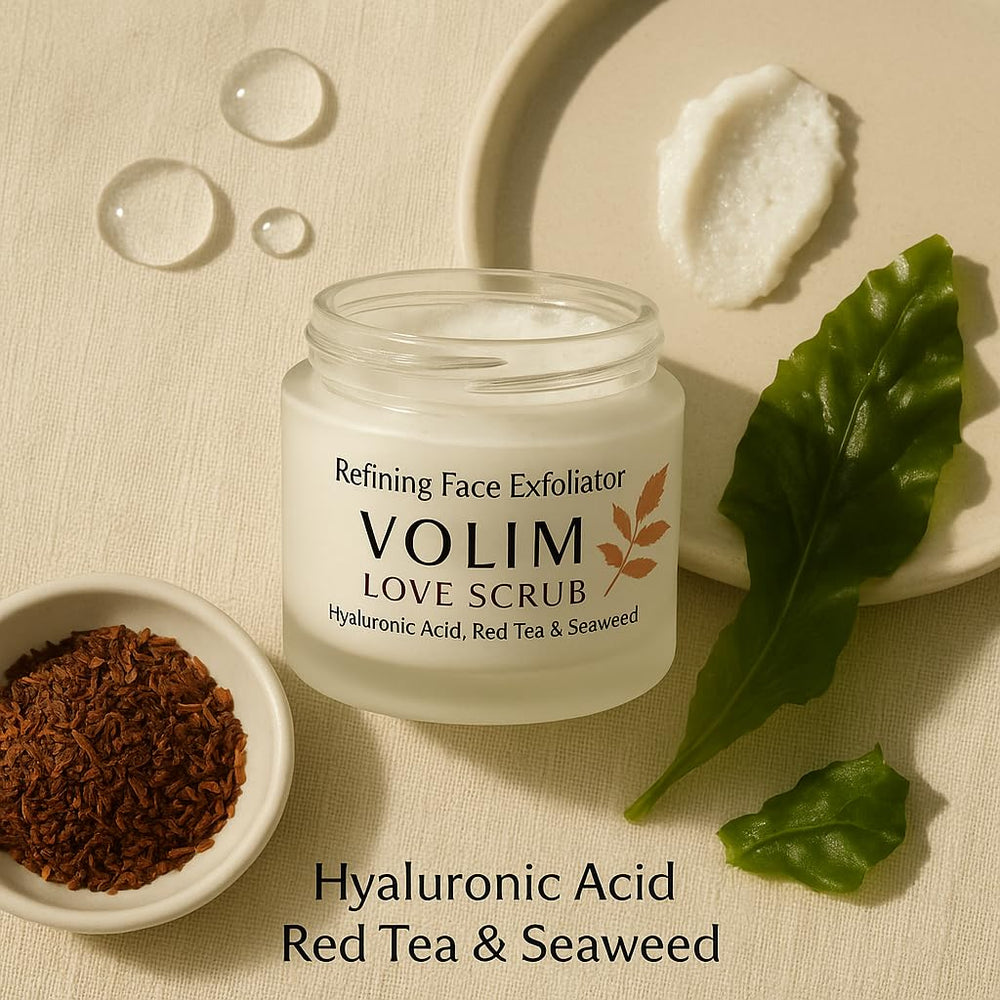 Volim Love Scrub glass jar close-up signals eco-friendly packaging.