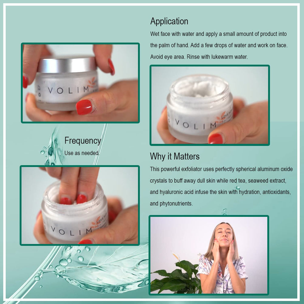 Volim Love Scrub packaging label close-up reinforces brand and ingredients.