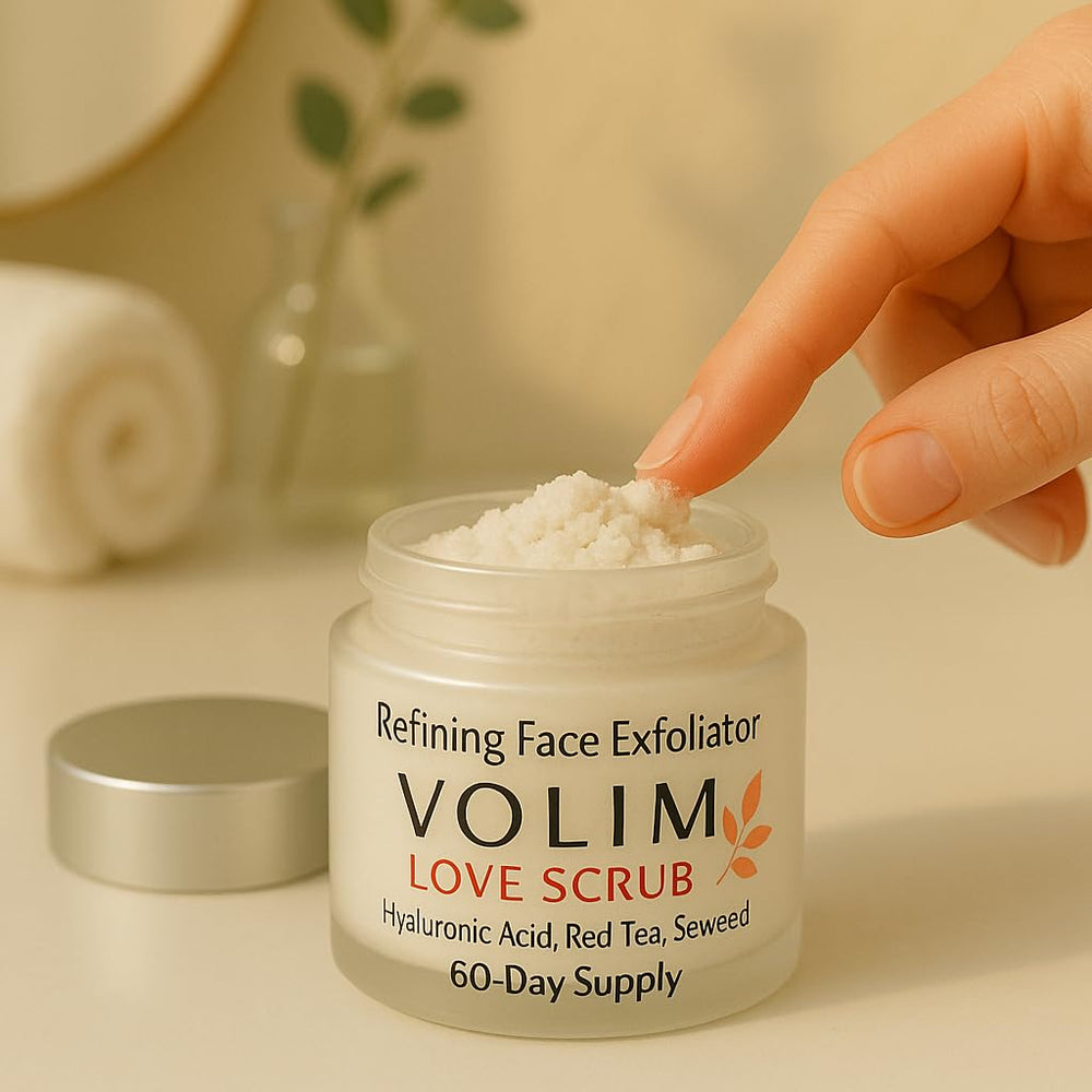 Volim Love Scrub red tea close-up highlighting antioxidant-rich complexion support.