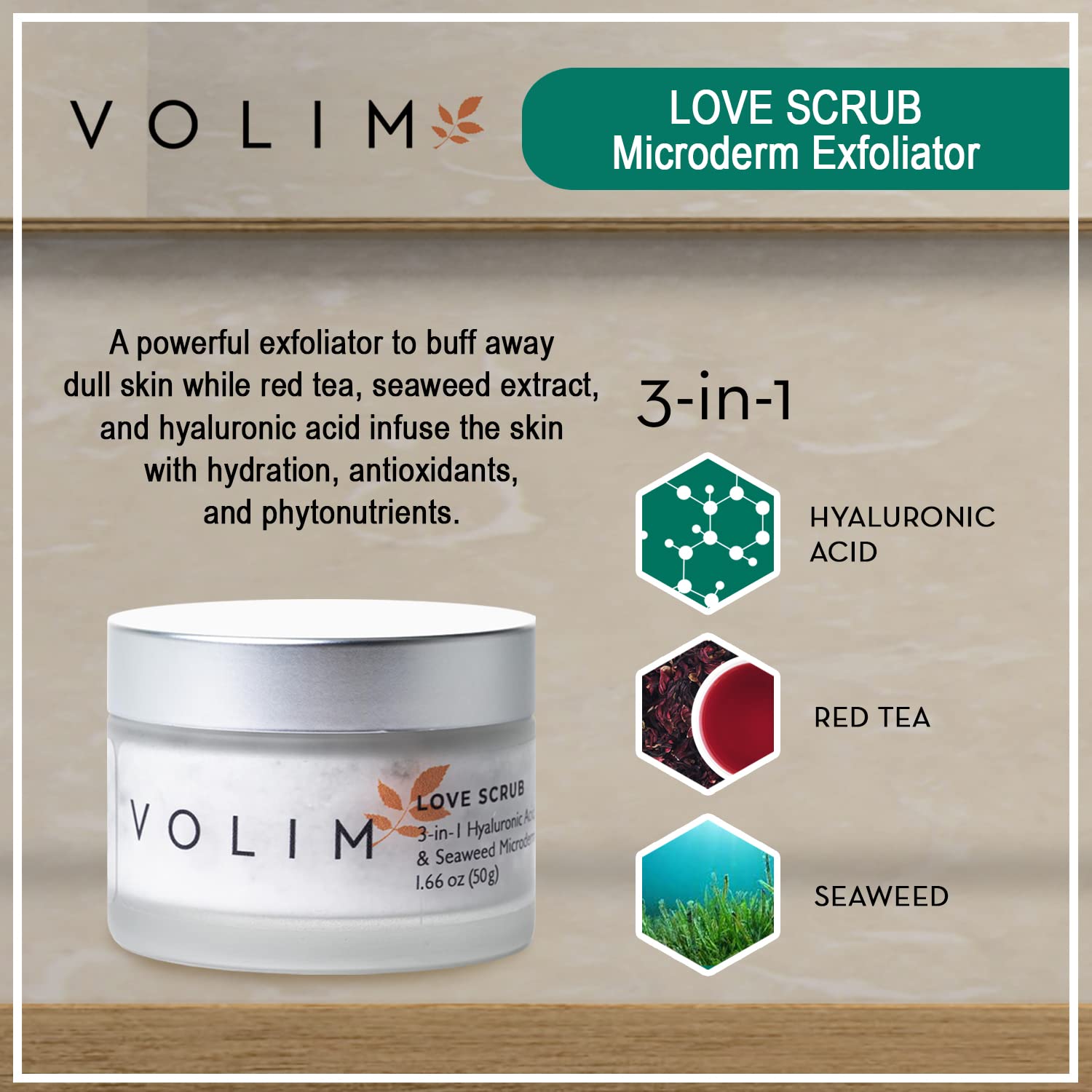 Volim Love Scrub texture close-up reveals exfoliating granules.