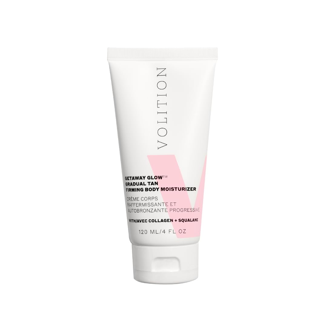 Volition Getaway Glow bottle with pump showing easy, quick-dry application.