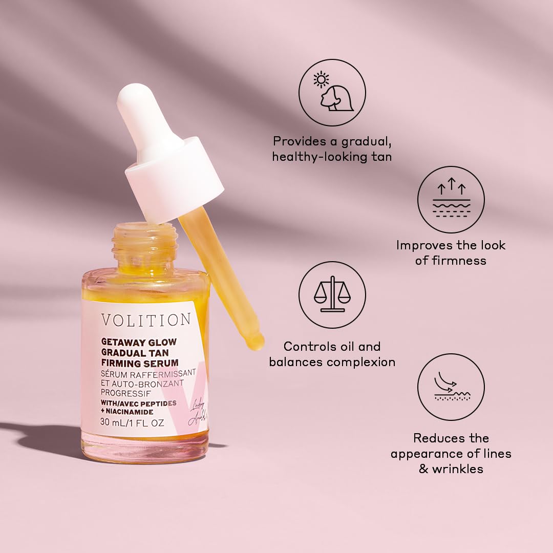 Volition Getaway Glow bottle close-up highlighting peptides for firmer-looking skin.