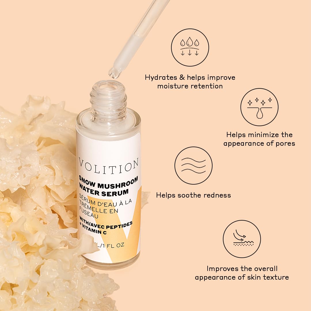Volition Snow Mushroom Serum applied during morning routine for radiance