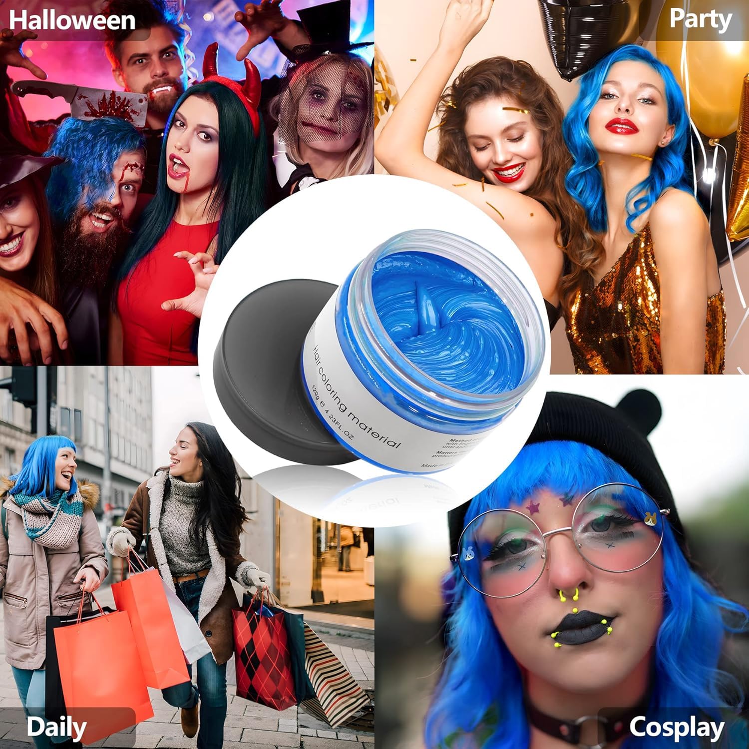 VOLLUCK blue wax swatch on dark hair showing color intensity