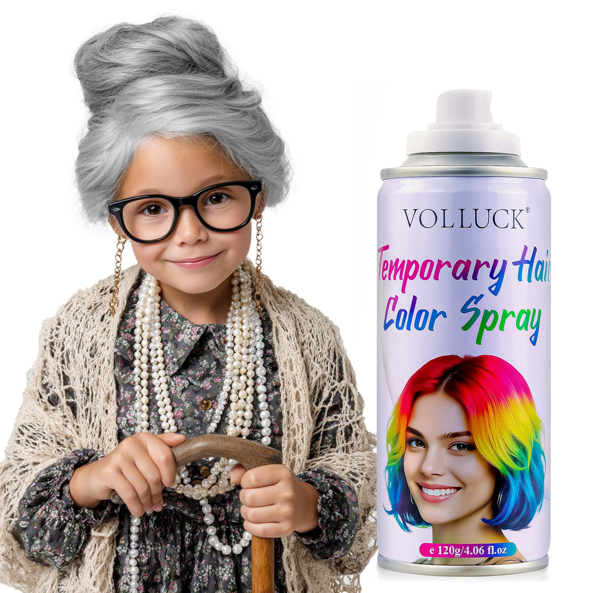 VOLLUCK gray hair spray color bottle close-up with vibrant temporary tint