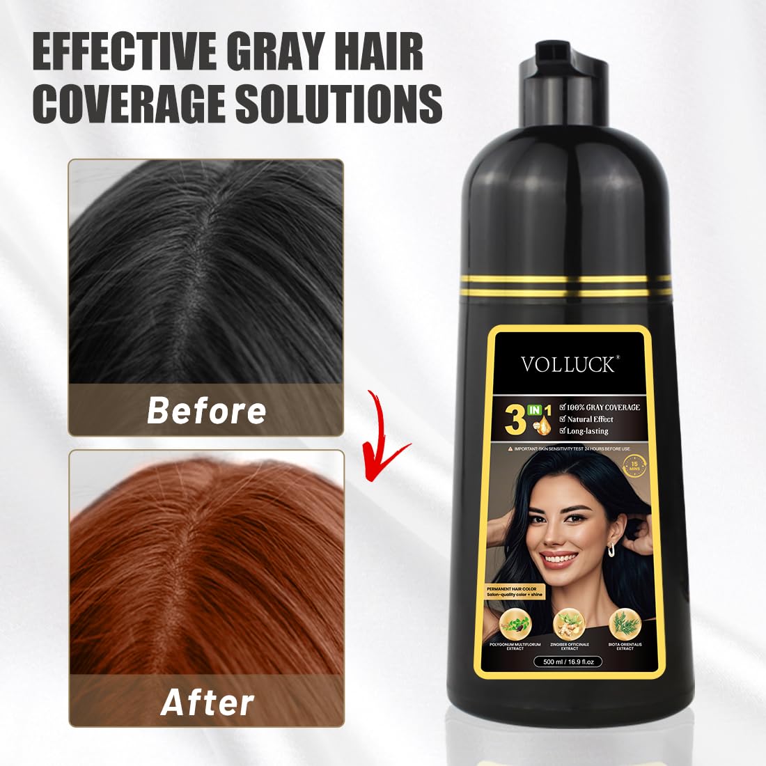 VolLuck results show soft, shiny chestnut brown hair.