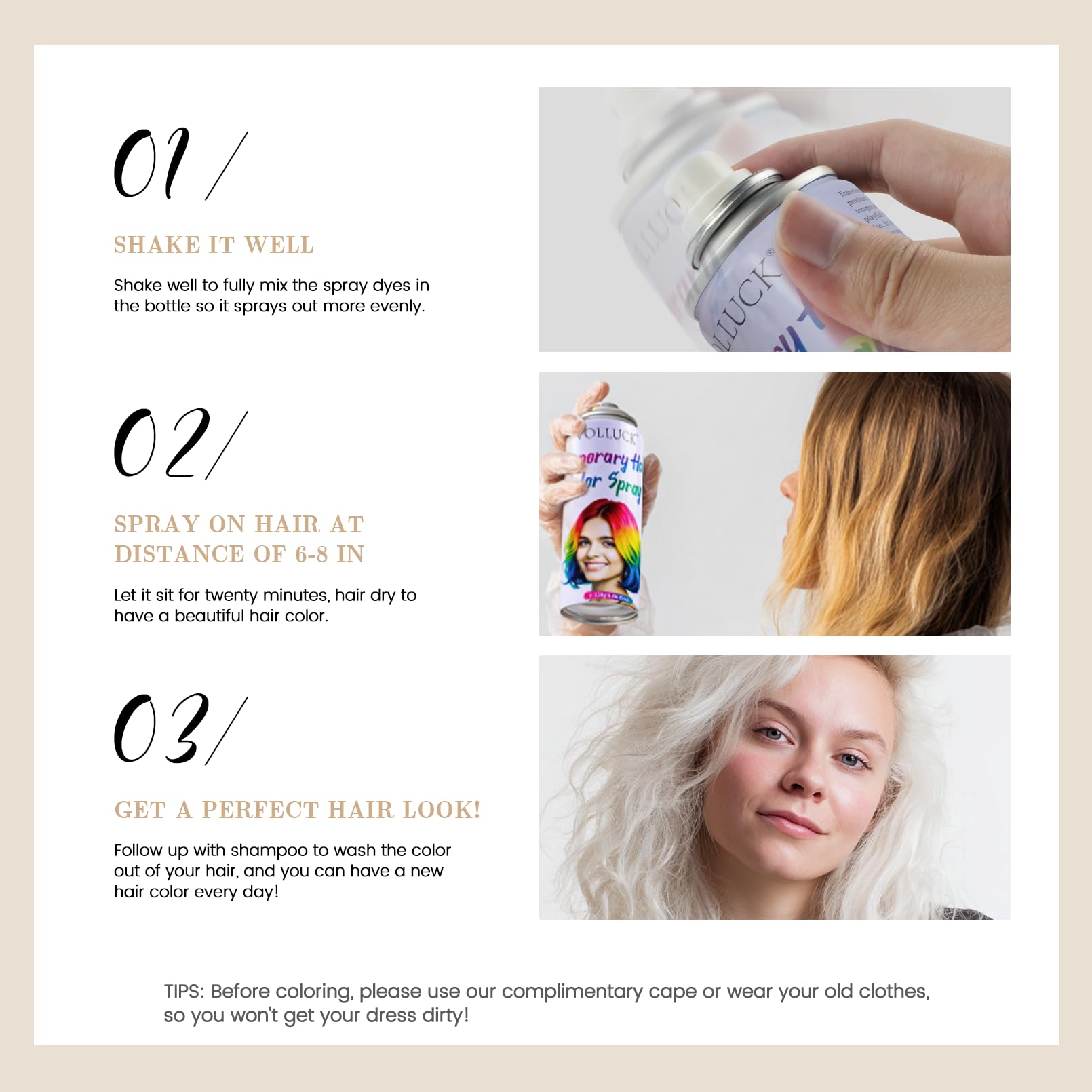 VOLLUCK wash-out easily scene demonstrates easy removal with shampoo.