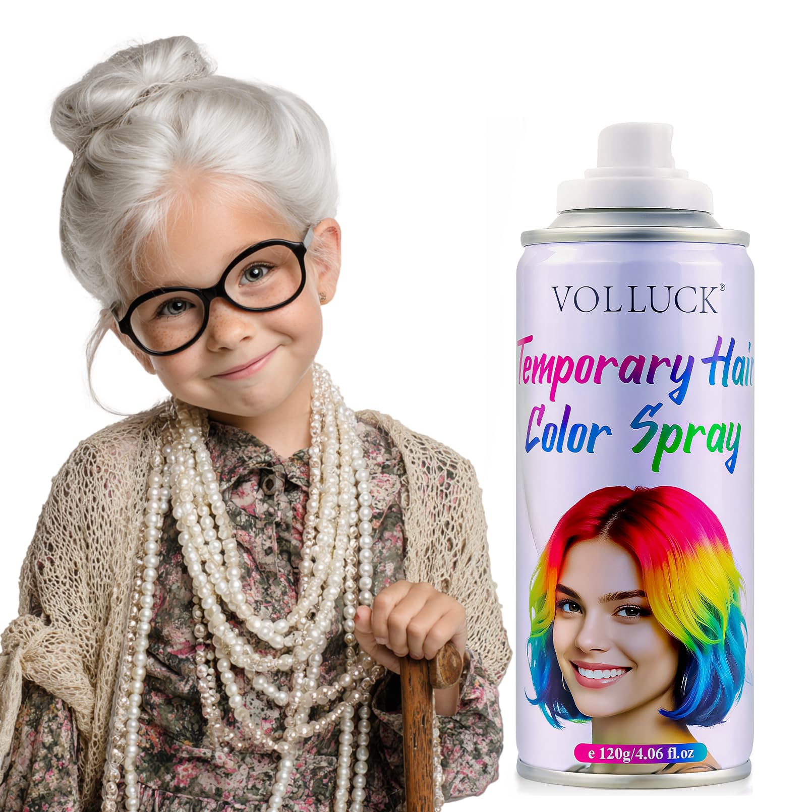 VOLLUCK White Hair Spray packaging highlights portable design for on-the-go color.