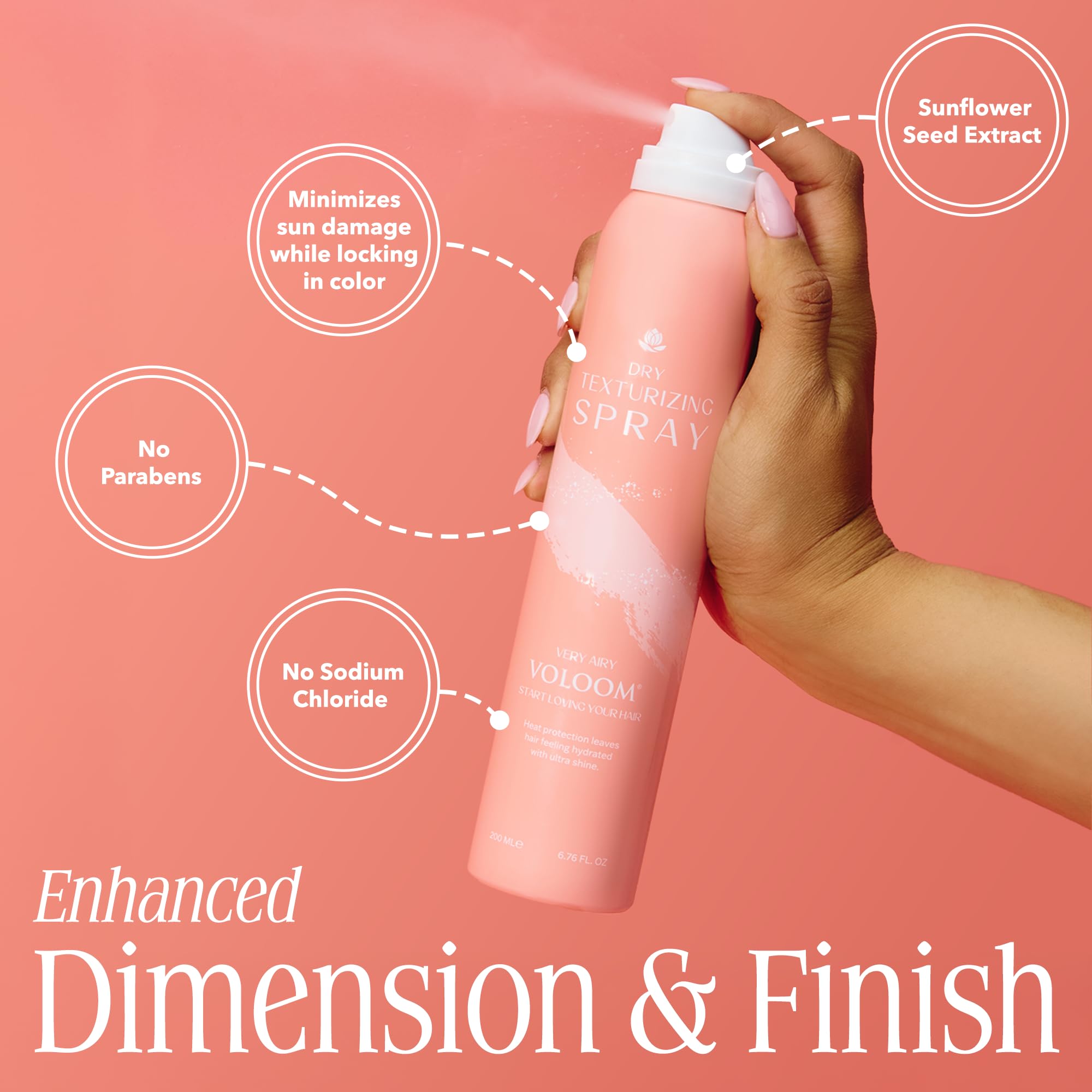 VOLOOM Very Airy Dry Texturizing Spray uses sunflower extract for color protection.