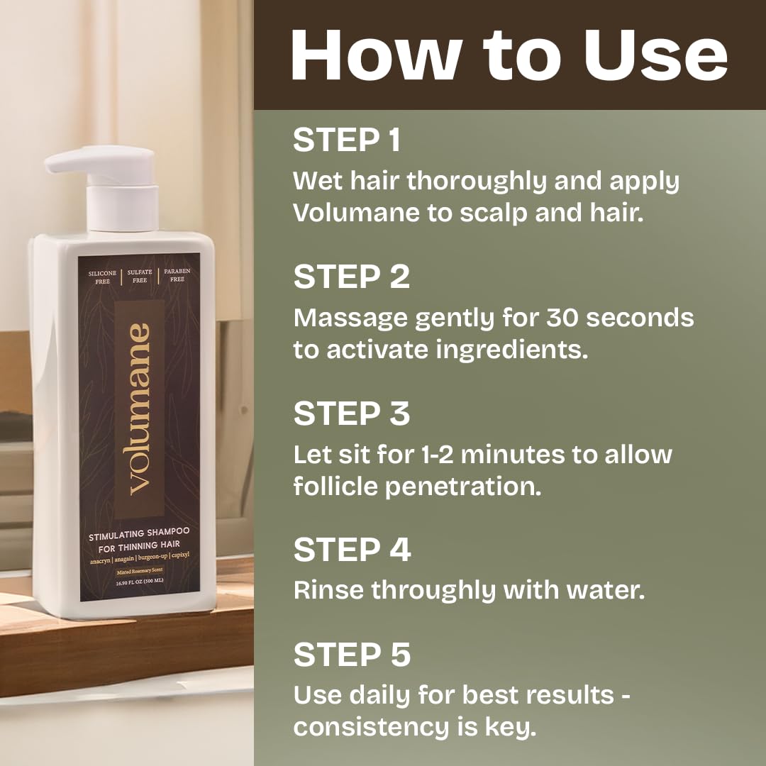 Volumane packaging on display, suitable for color-treated and sensitive scalps.