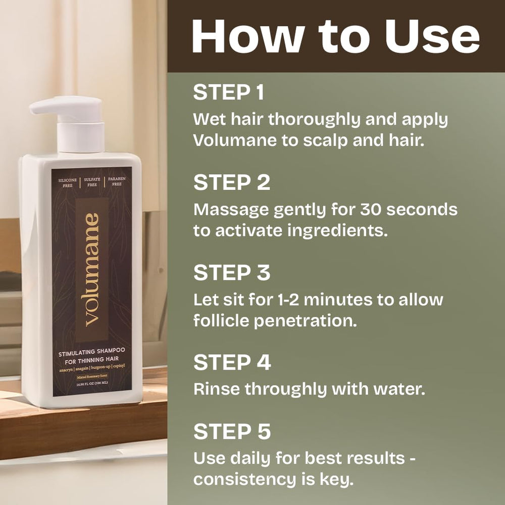 Volumane packaging on display, suitable for color-treated and sensitive scalps.
