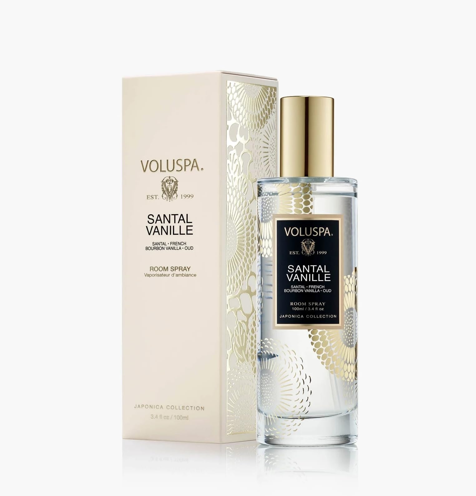Voluspa Santal Vanille room mist applied to a surface adds a warm, woody fragrance.