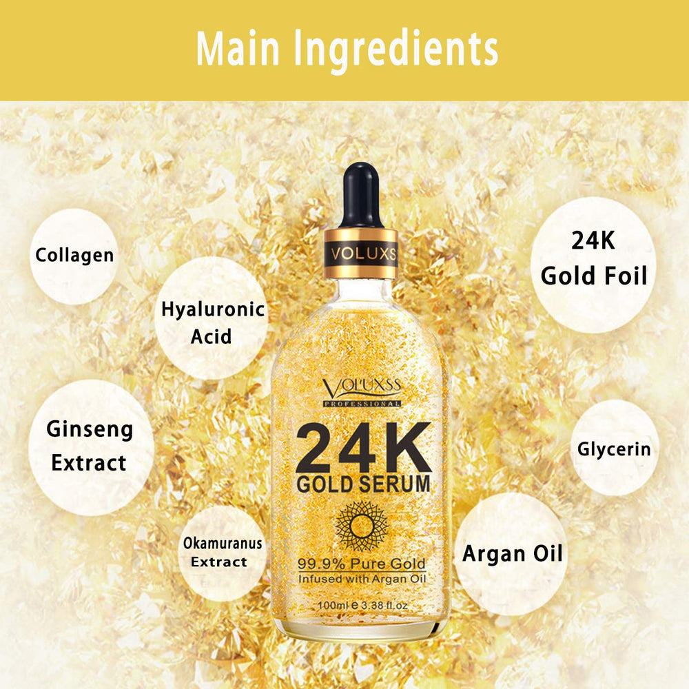 Voluxss 24K Gold Serum gold-shine closeup evokes radiance and premium feel.
