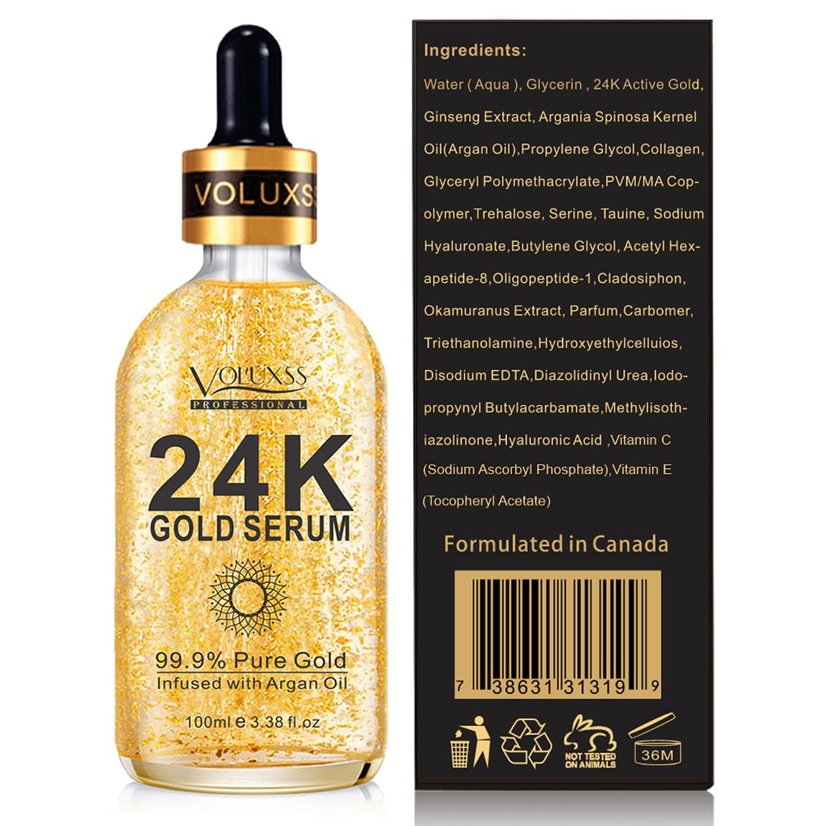 Voluxss 24K Gold Serum ingredients with botanicals and argan oil emphasis.