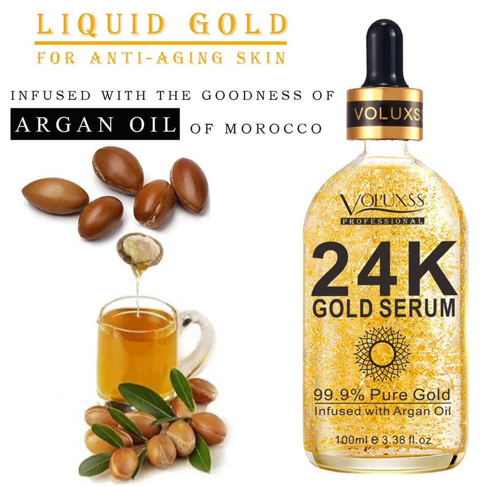 Voluxss 24K Gold Serum packaging display highlights luxury and usability.