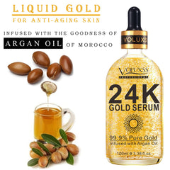 Voluxss 24K Gold Serum packaging display highlights luxury and usability.