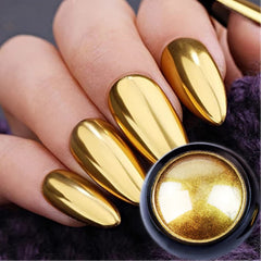 Vonrui gold chrome nail powder jar close-up showing luxurious shimmer for home manicures.