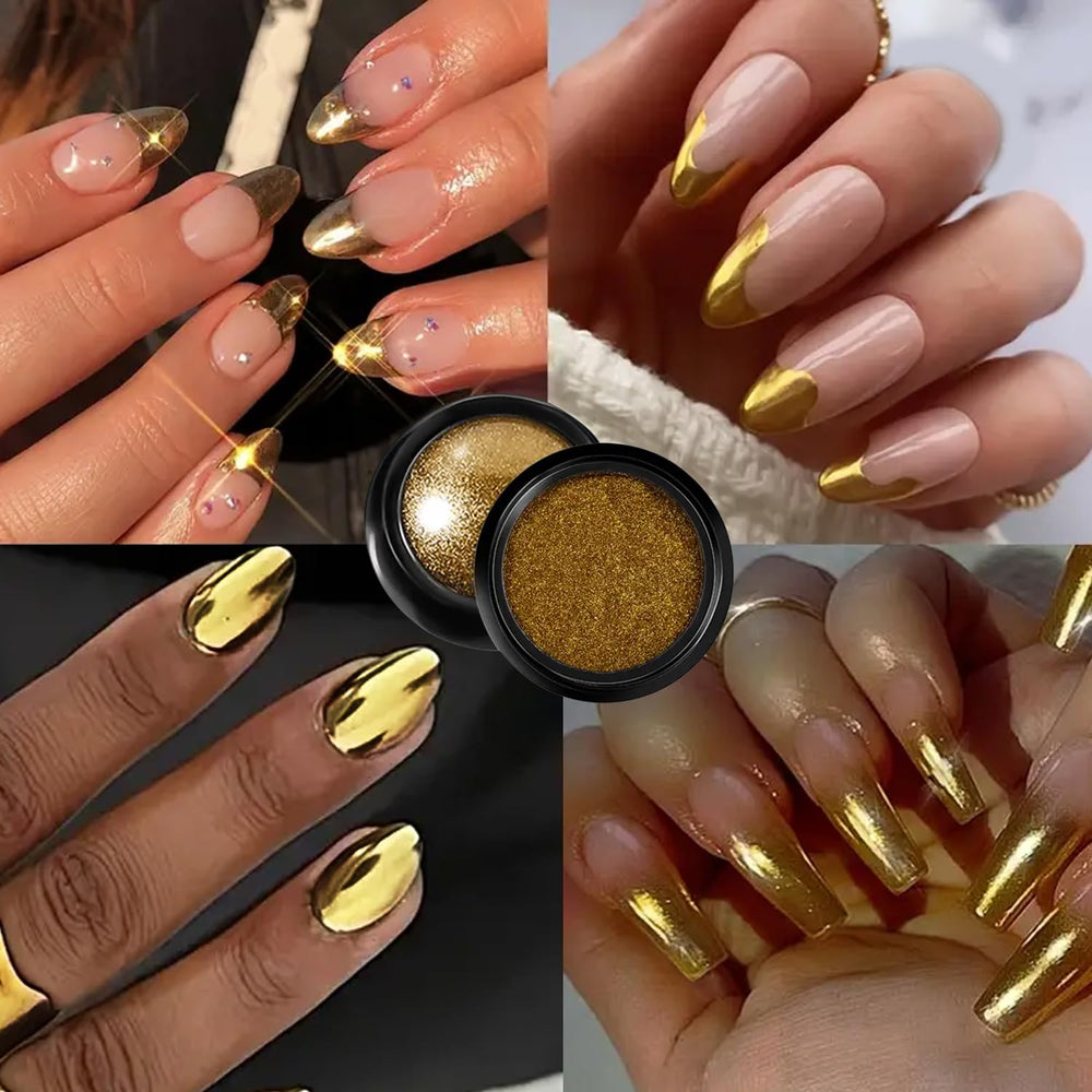 Vonrui UV gel nails with gold chrome powder achieve a reflective mirror finish.