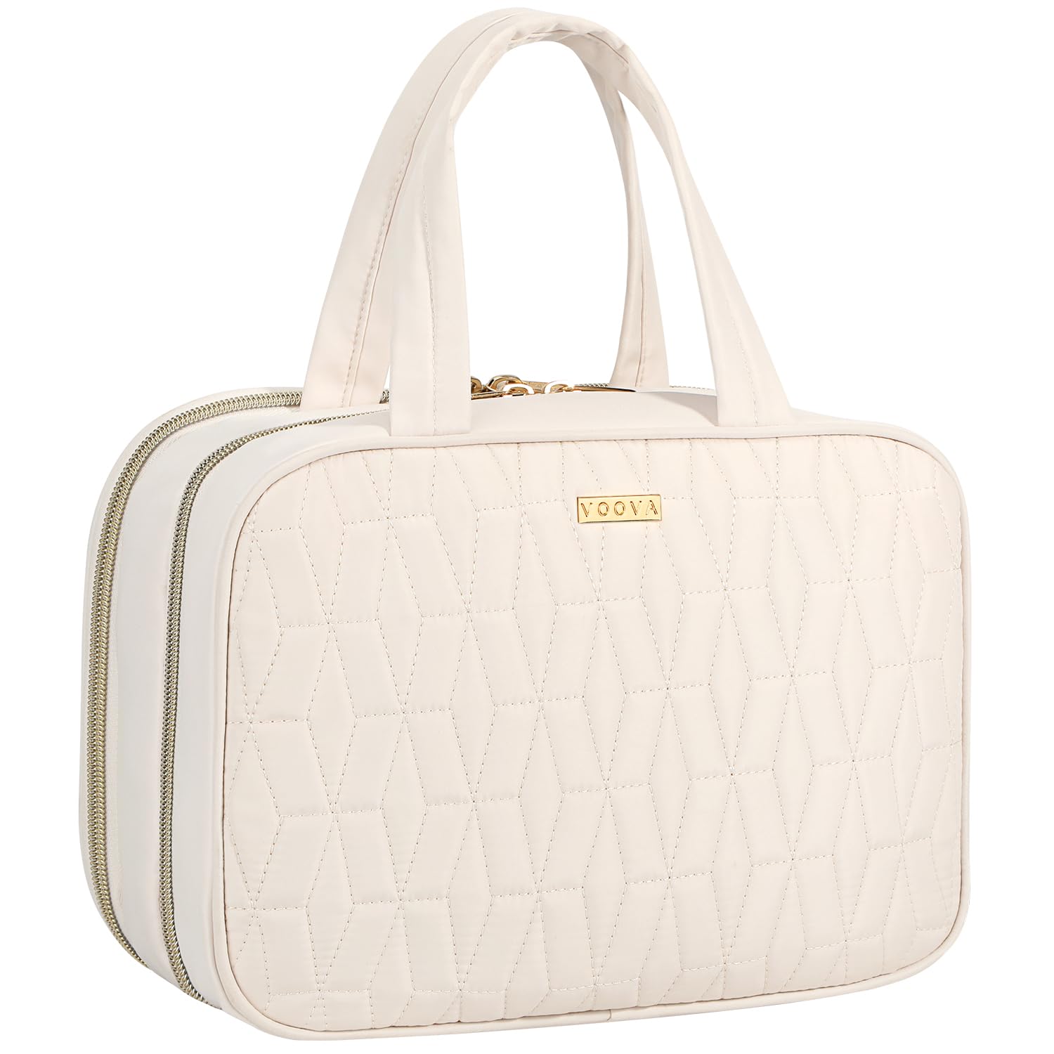 Voova hanging travel toiletry bag in beige for organized hotel bathroom access.