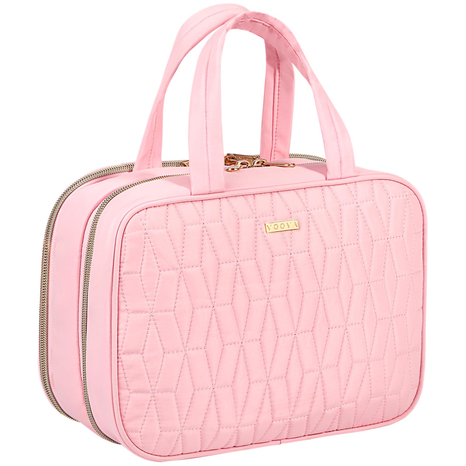 Voova pink hanging travel toiletry bag ready for quick access on the go.