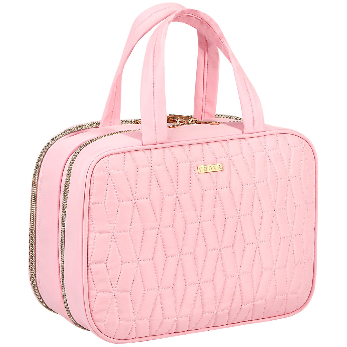 Voova pink hanging travel toiletry bag ready for quick access on the go.