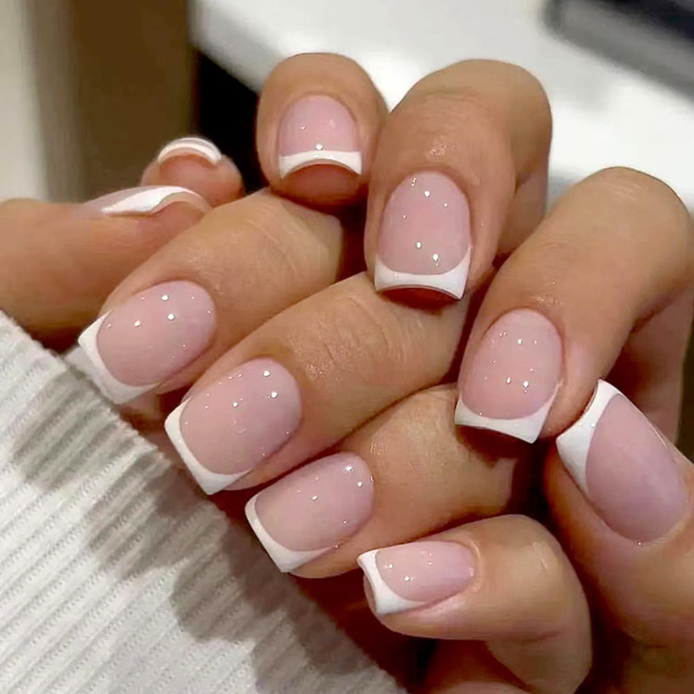 Vopintpy white french tip press-on nails, short square, for quick salon-style manicure