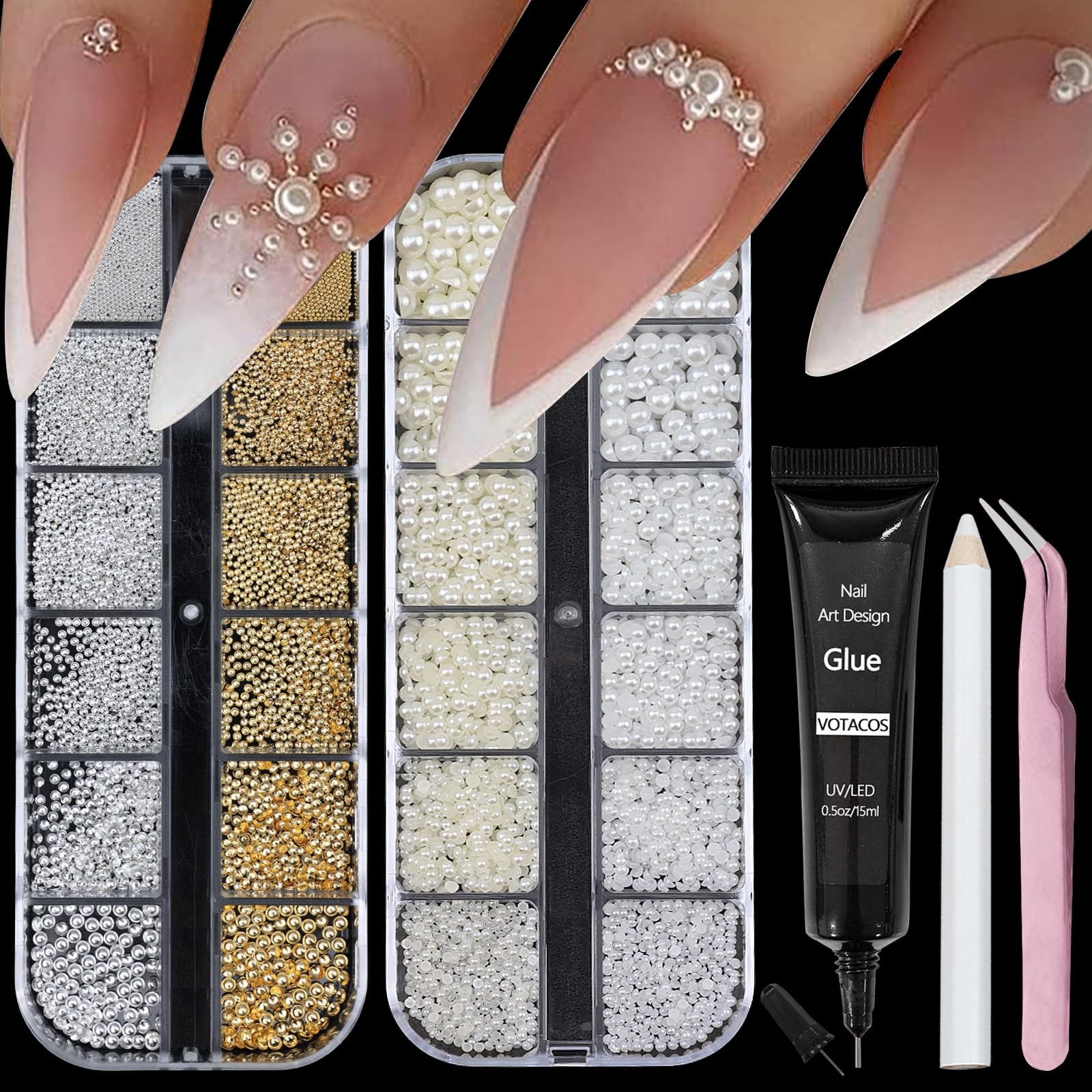 VOTACOS nail pearls bundle style A with decorative boxes for at-home manicure.