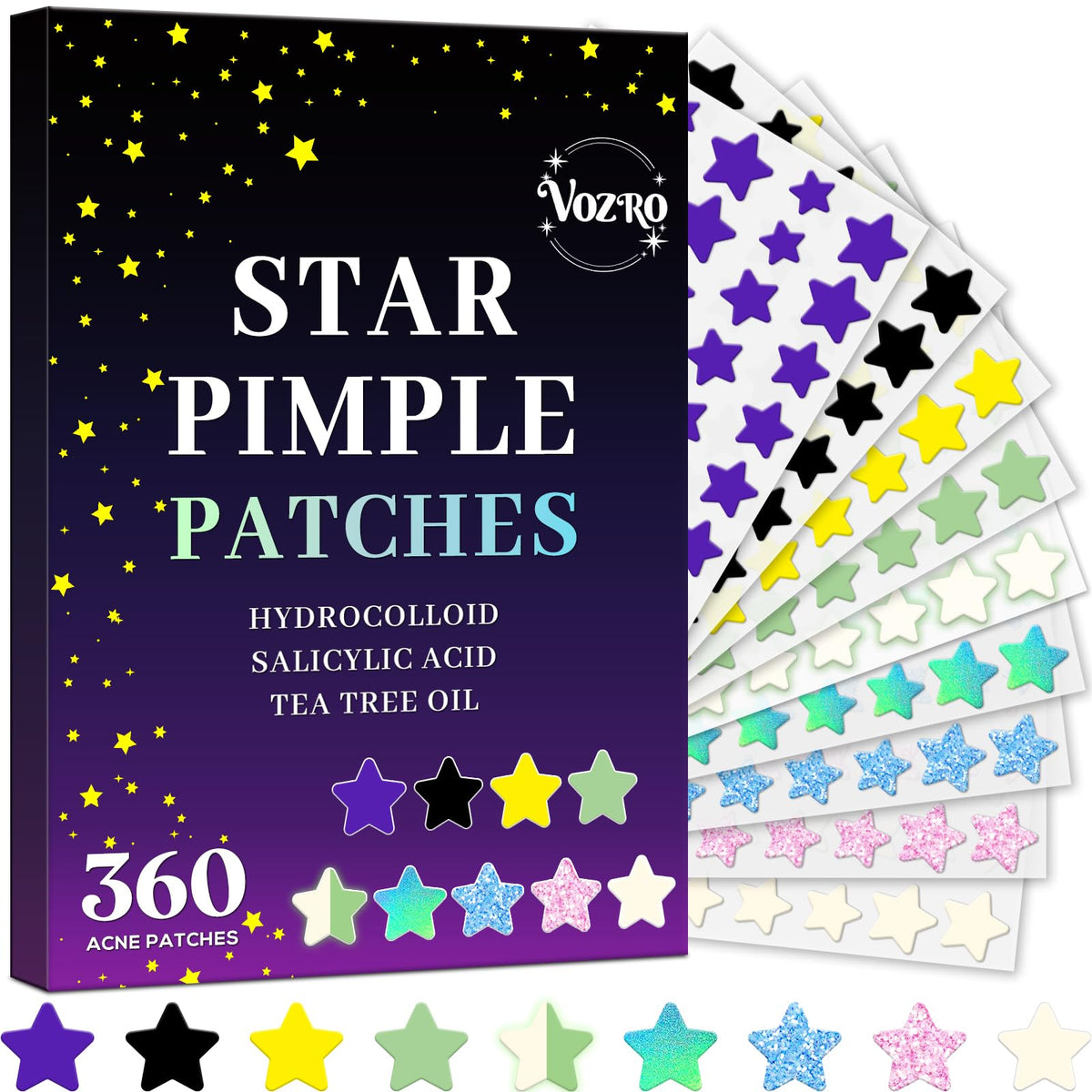 VOZRO Star patches packaging showing a 360-count supply for daily zit care.