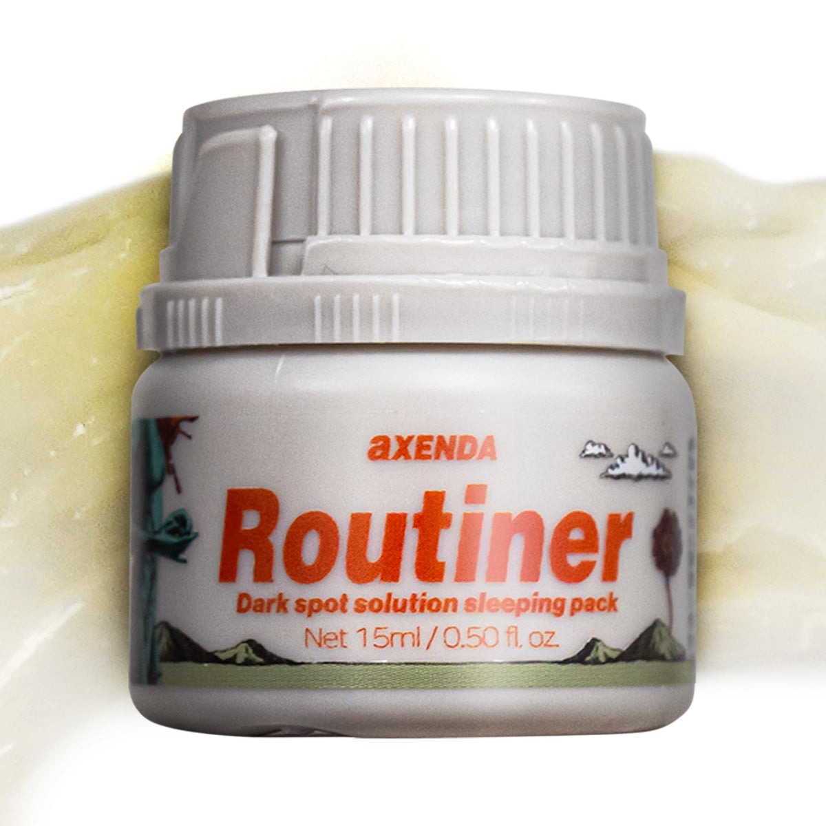 VQM AXENDA Routiner bottle close-up highlighting gentle overnight exfoliation for sensitive skin.